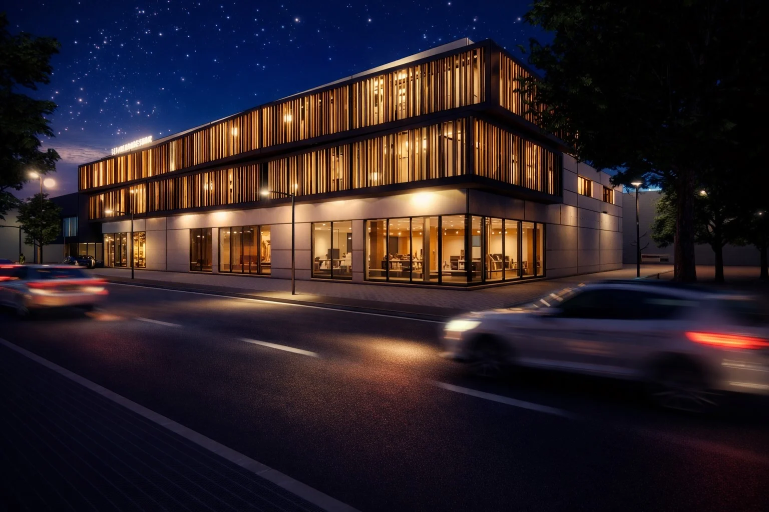 Commercial building concept — illuminated frontage