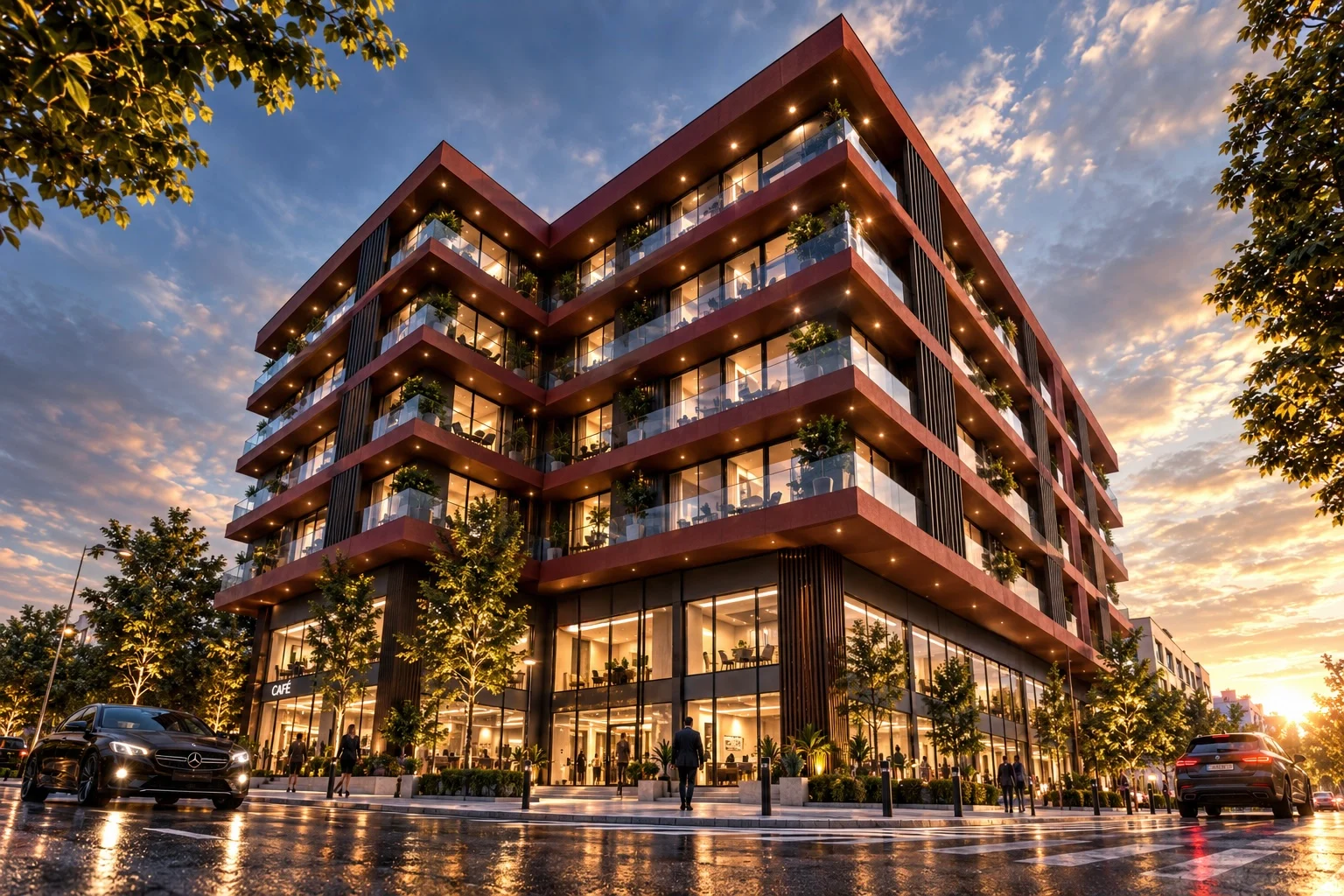 Terraced residence concept at dusk