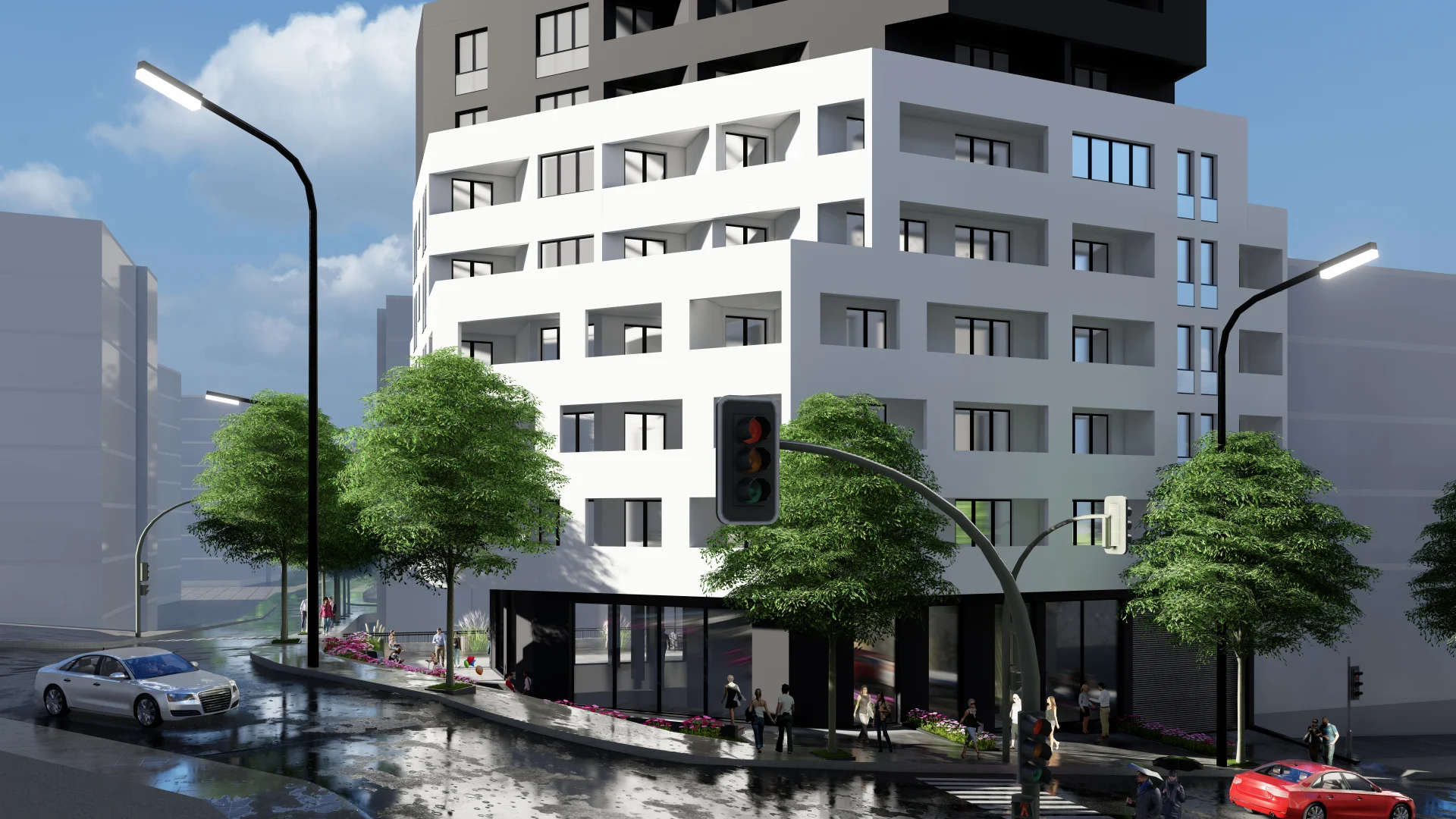 Residential building rendering — street-level approach